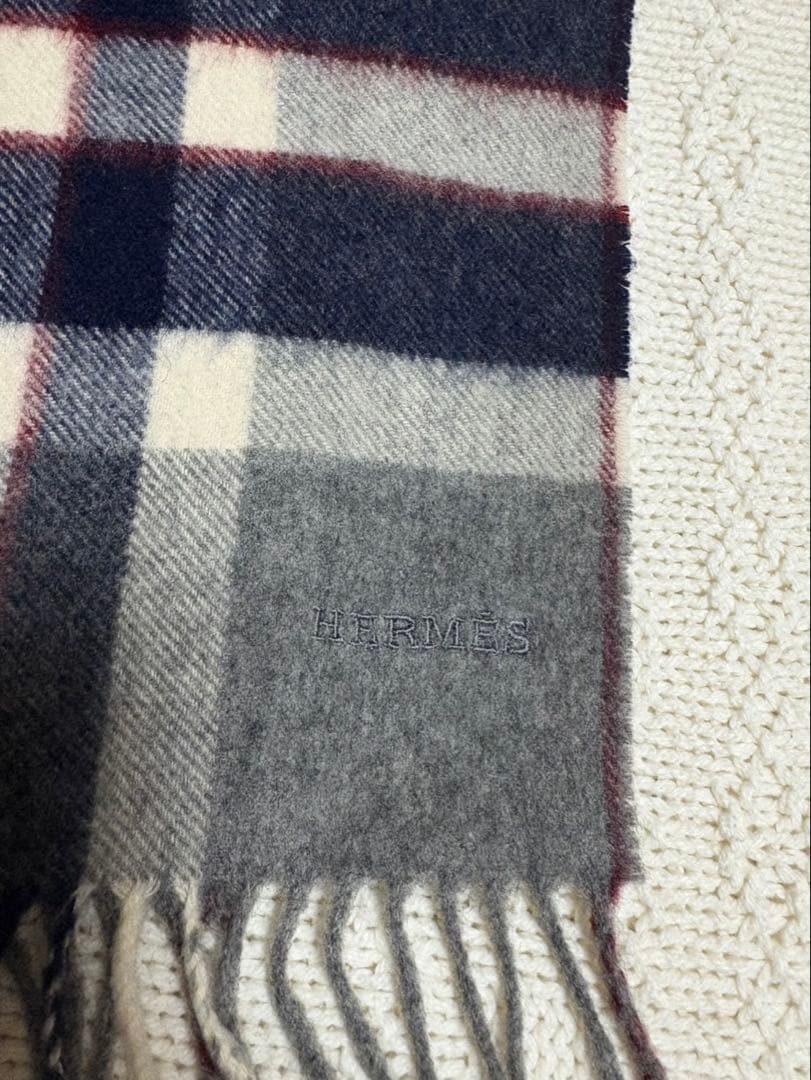 エルメス チェック柄 カシミヤマフラー