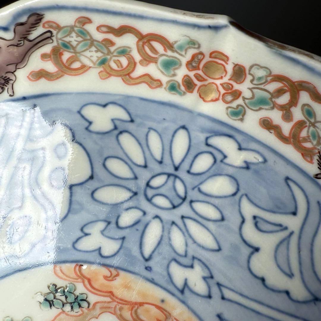 古伊万里　色絵瓢箪文様七寸輪花形皿　6枚　金蘭手　七宝文　唐獅子　21cm　珍品