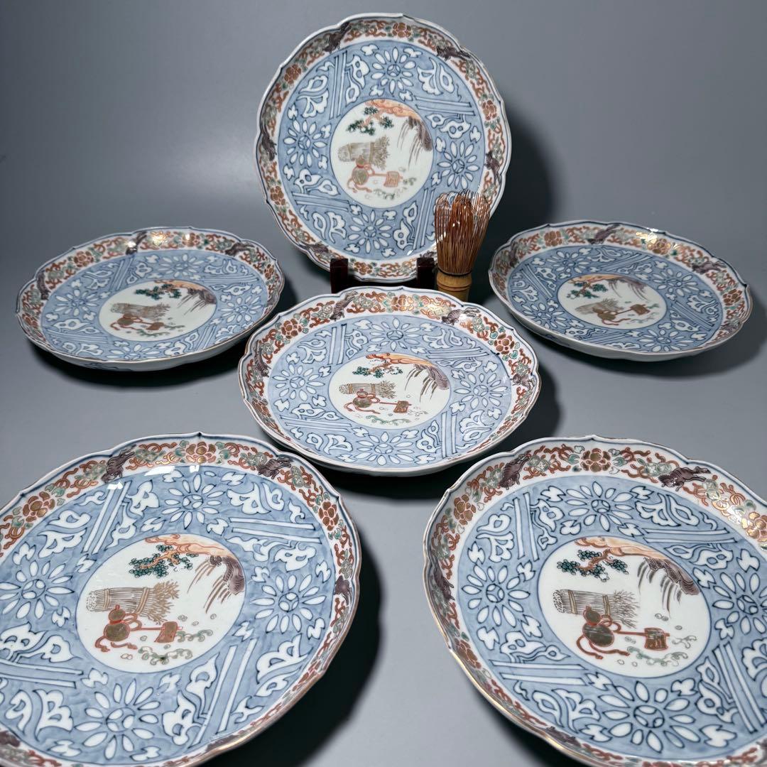 古伊万里　色絵瓢箪文様七寸輪花形皿　6枚　金蘭手　七宝文　唐獅子　21cm　珍品