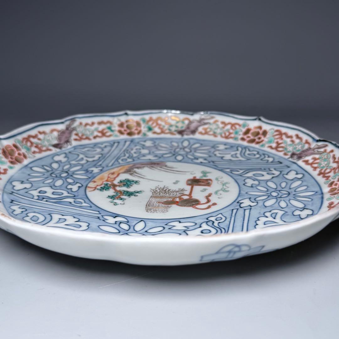 古伊万里　色絵瓢箪文様七寸輪花形皿　6枚　金蘭手　七宝文　唐獅子　21cm　珍品