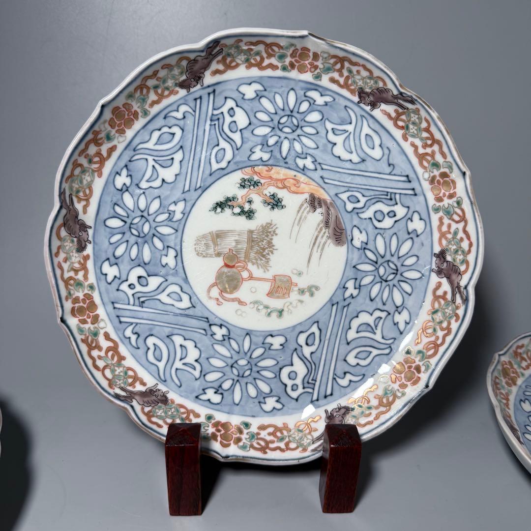 古伊万里　色絵瓢箪文様七寸輪花形皿　6枚　金蘭手　七宝文　唐獅子　21cm　珍品