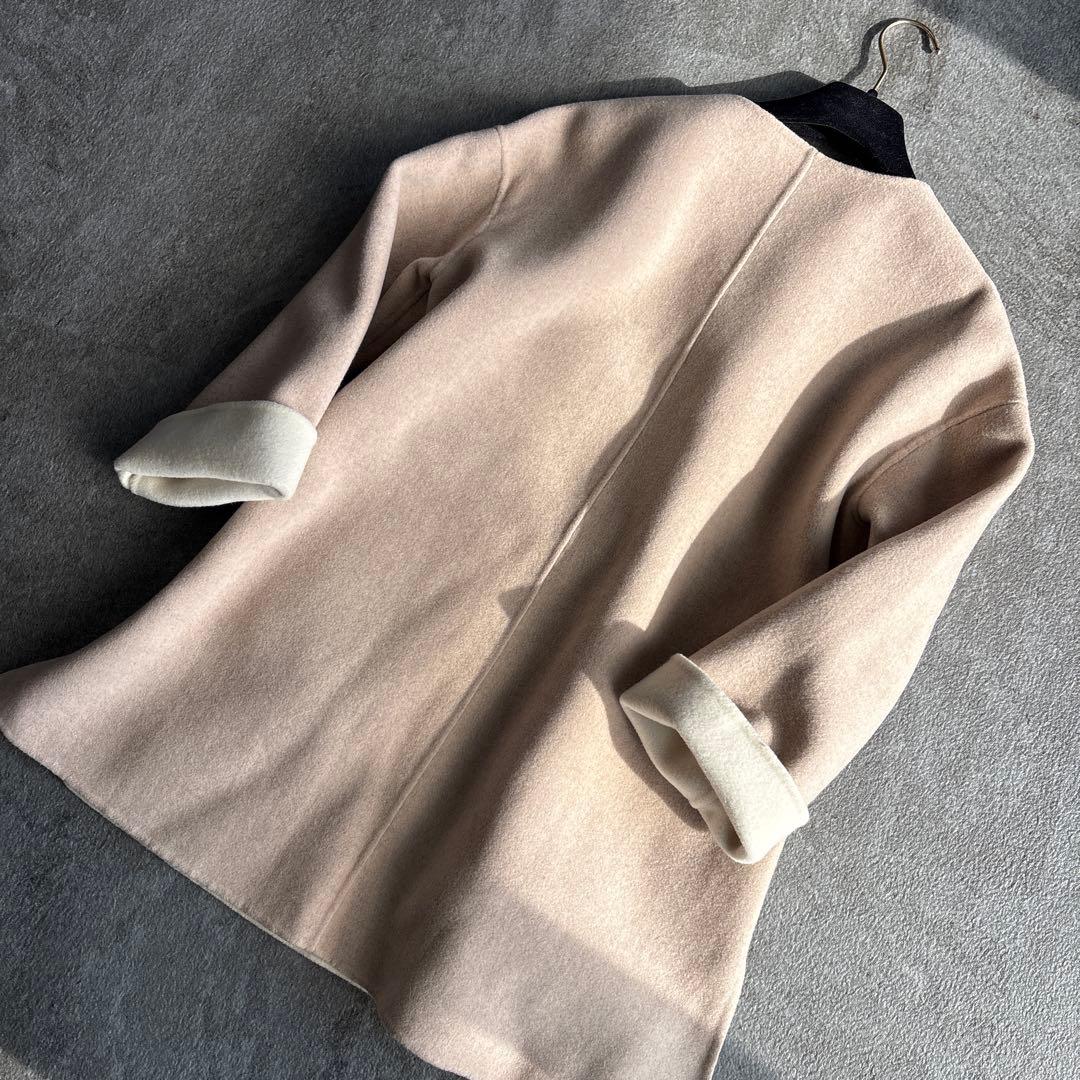 【美品】アンタイトル、ベルテッド配色ミドルリバーコート、ダブルフェイスウール現行