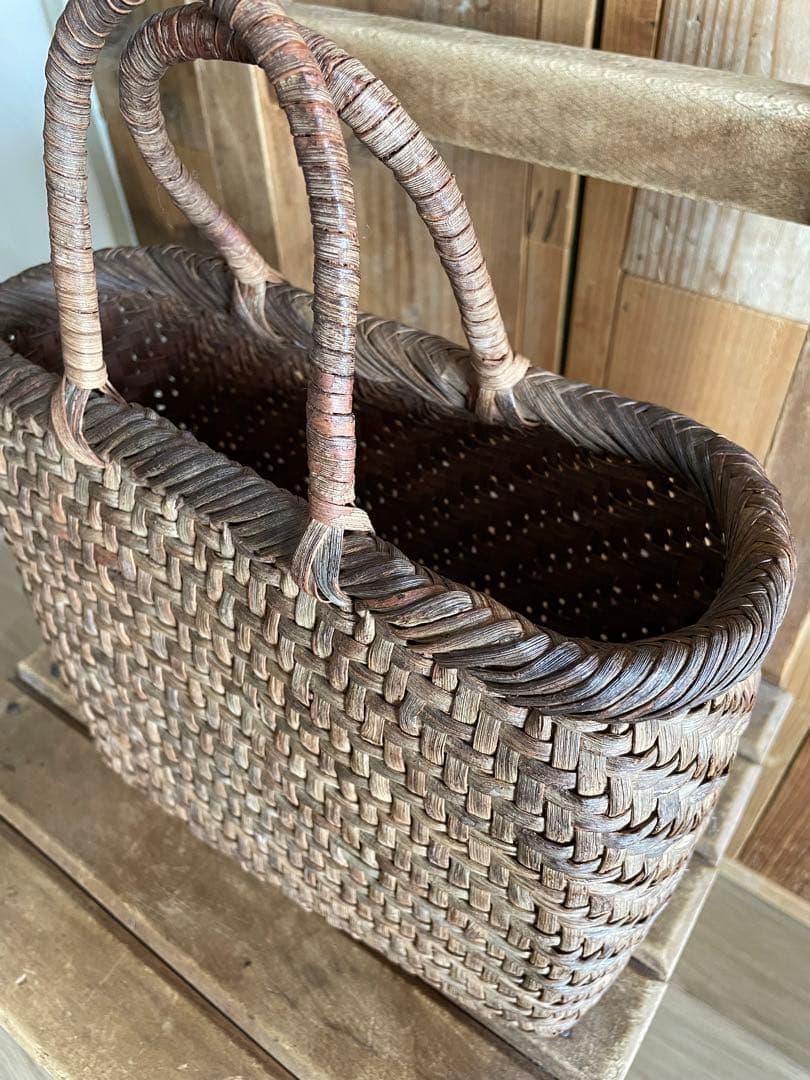 純国産　山葡萄かごバッグ　網代編み　籠　アンティーク　国産　かご