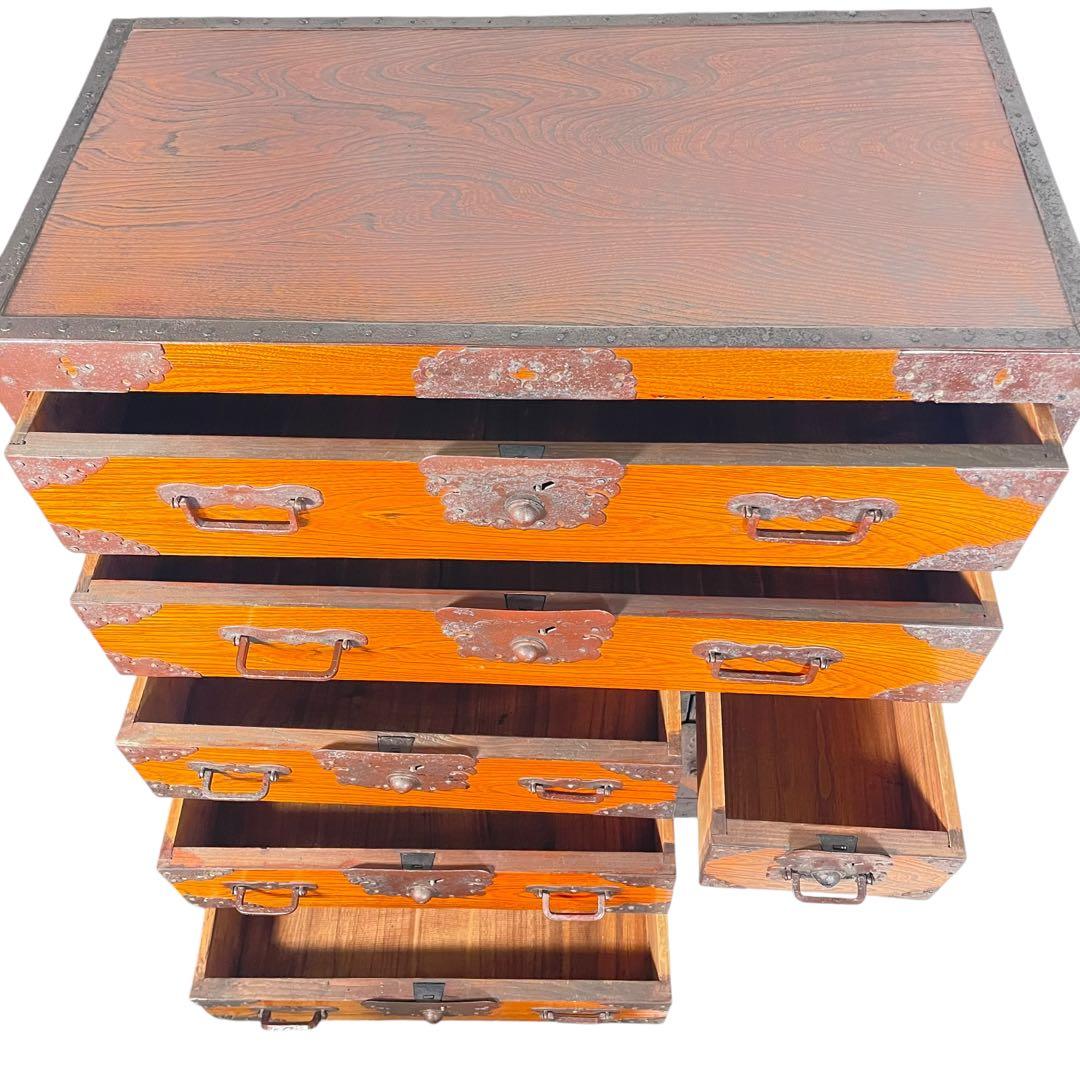 HR431 【シャビー】古い箪笥　欅　ケヤキ　和箪笥　鉄細工　昭和レトロ