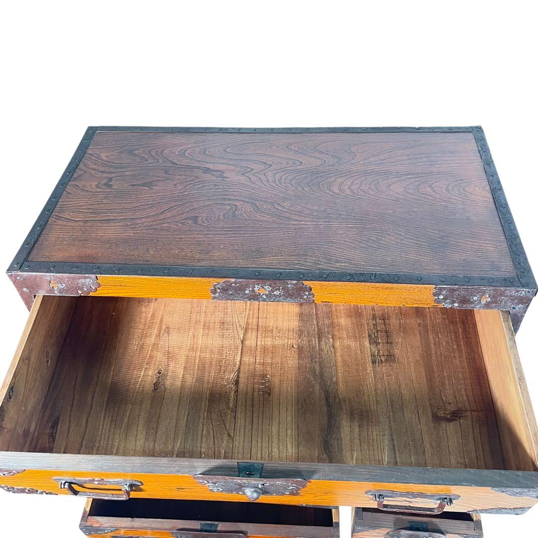 HR431 【シャビー】古い箪笥　欅　ケヤキ　和箪笥　鉄細工　昭和レトロ