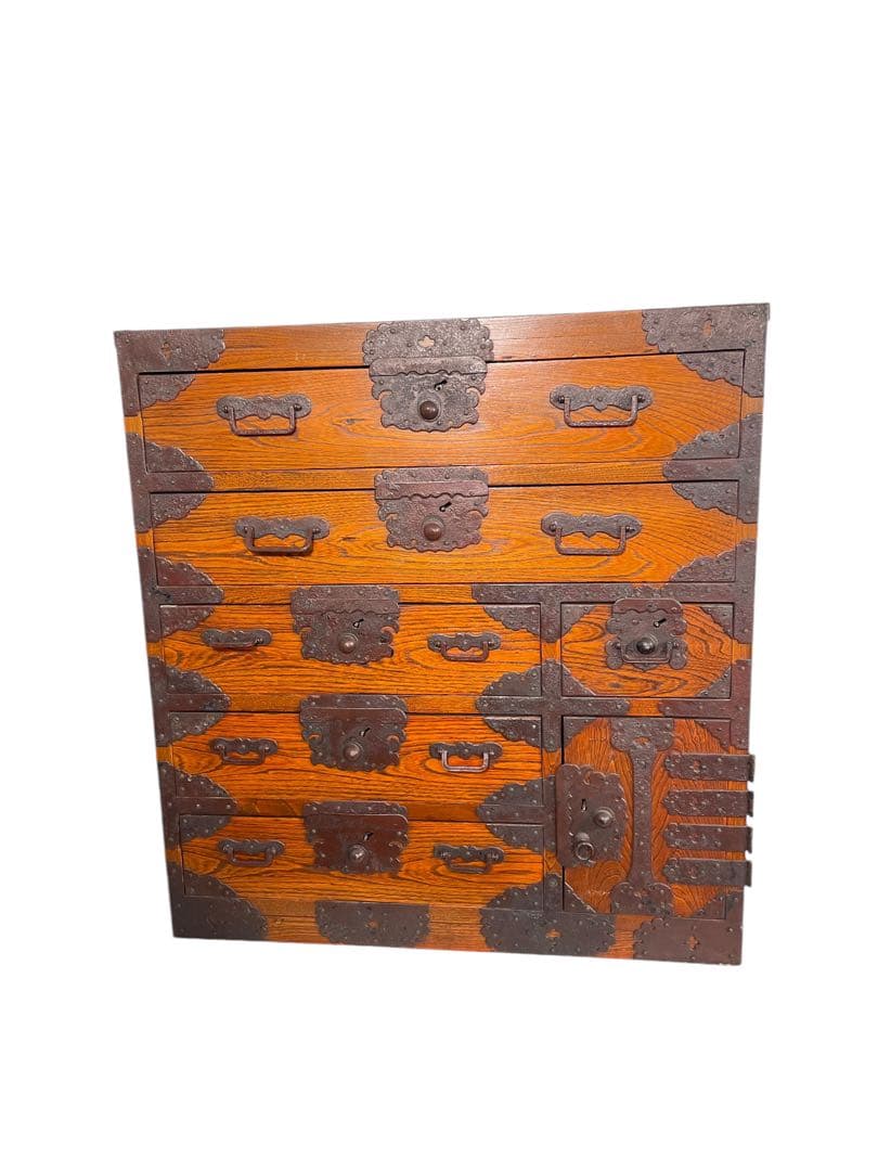 HR431 【シャビー】古い箪笥　欅　ケヤキ　和箪笥　鉄細工　昭和レトロ