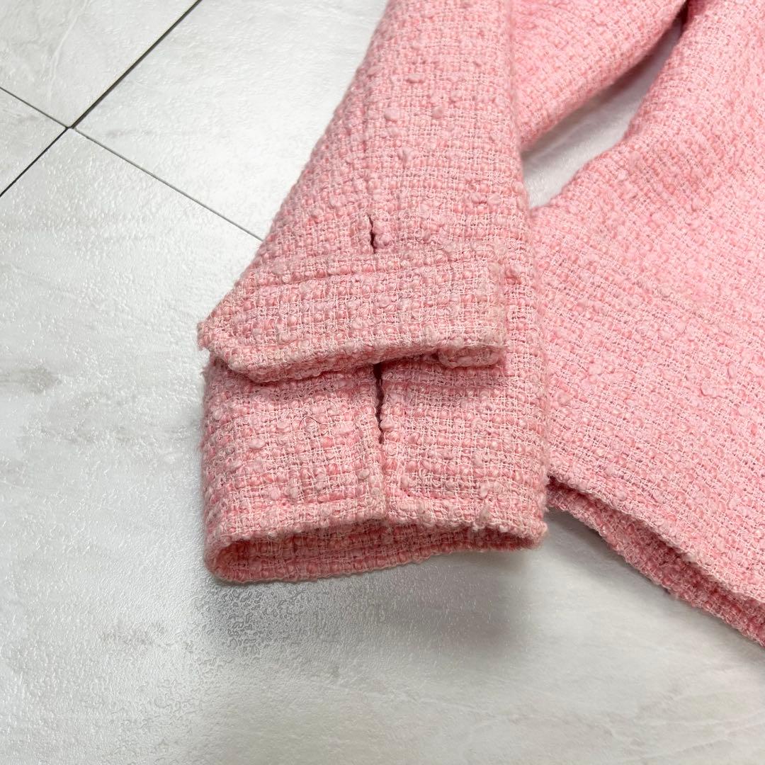 美品 CHANEL 立体 COCO ロゴ ノーカラー ツイードジャケット 38