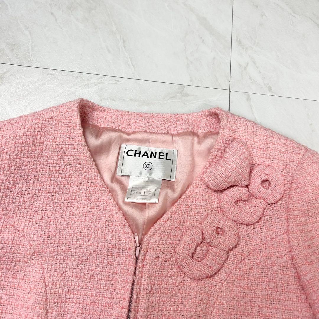 美品 CHANEL 立体 COCO ロゴ ノーカラー ツイードジャケット 38