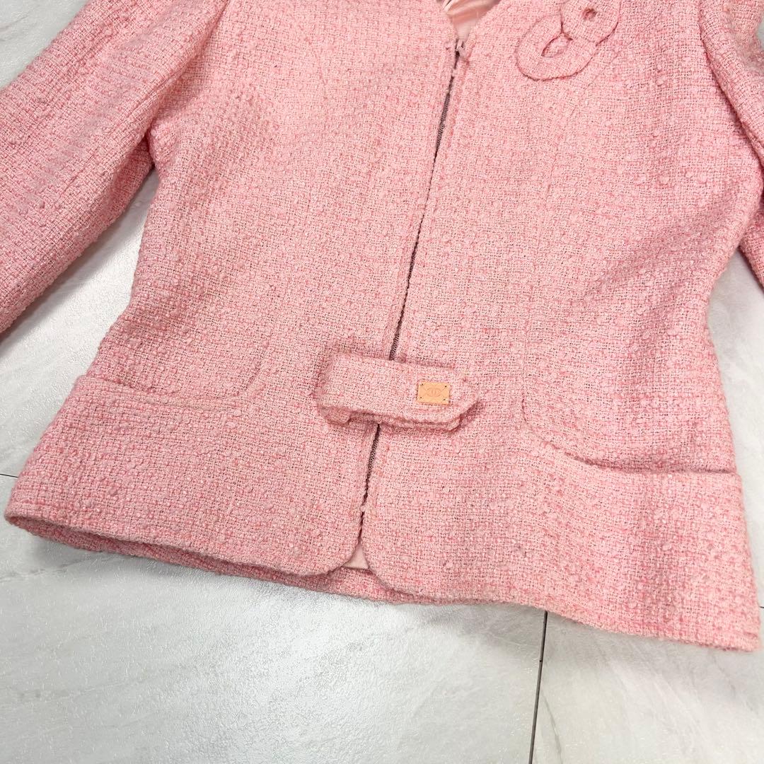美品 CHANEL 立体 COCO ロゴ ノーカラー ツイードジャケット 38