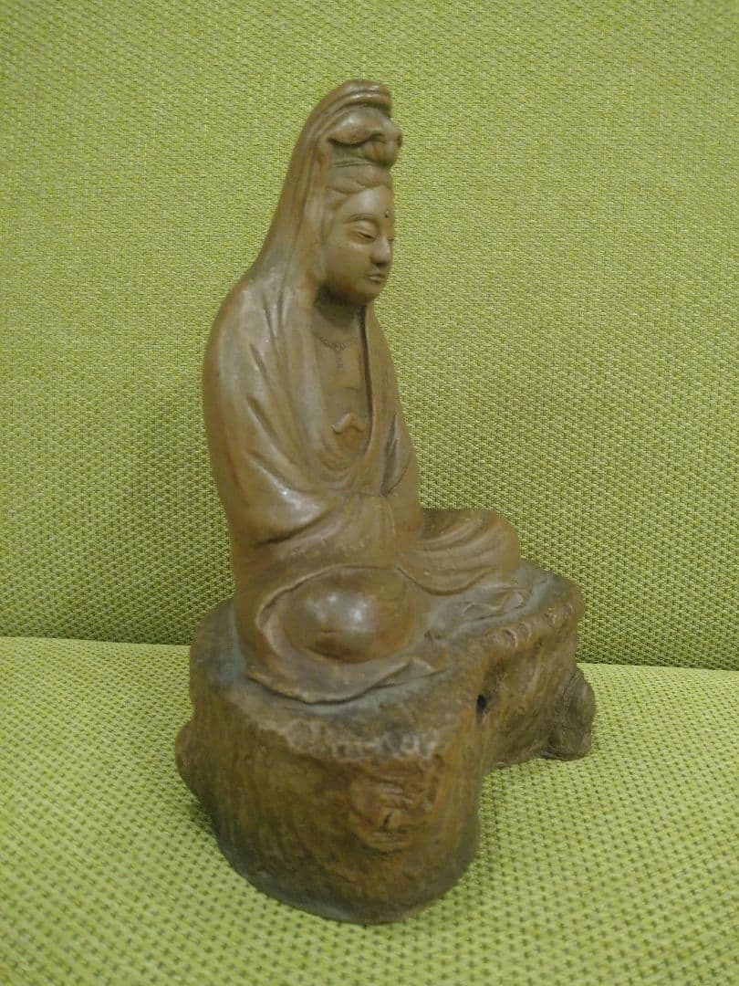 陶器製 仏像 座像、備前焼の観音様座像A1、№009、古い備前焼置物、希少品、