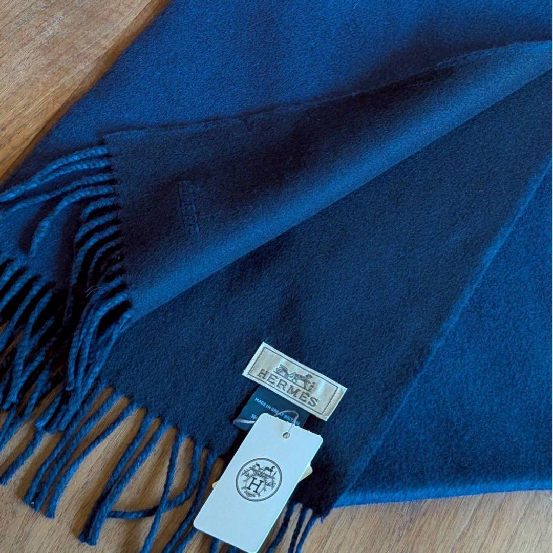 新品 タグ付き エルメス カシミヤ 1マフラーブルー ネイビー イギリス製