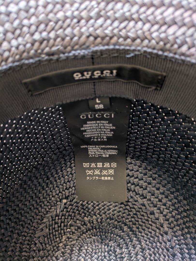 GUCCI グッチ ストローハット 麦わら帽子 ネイビー ブラック レザー