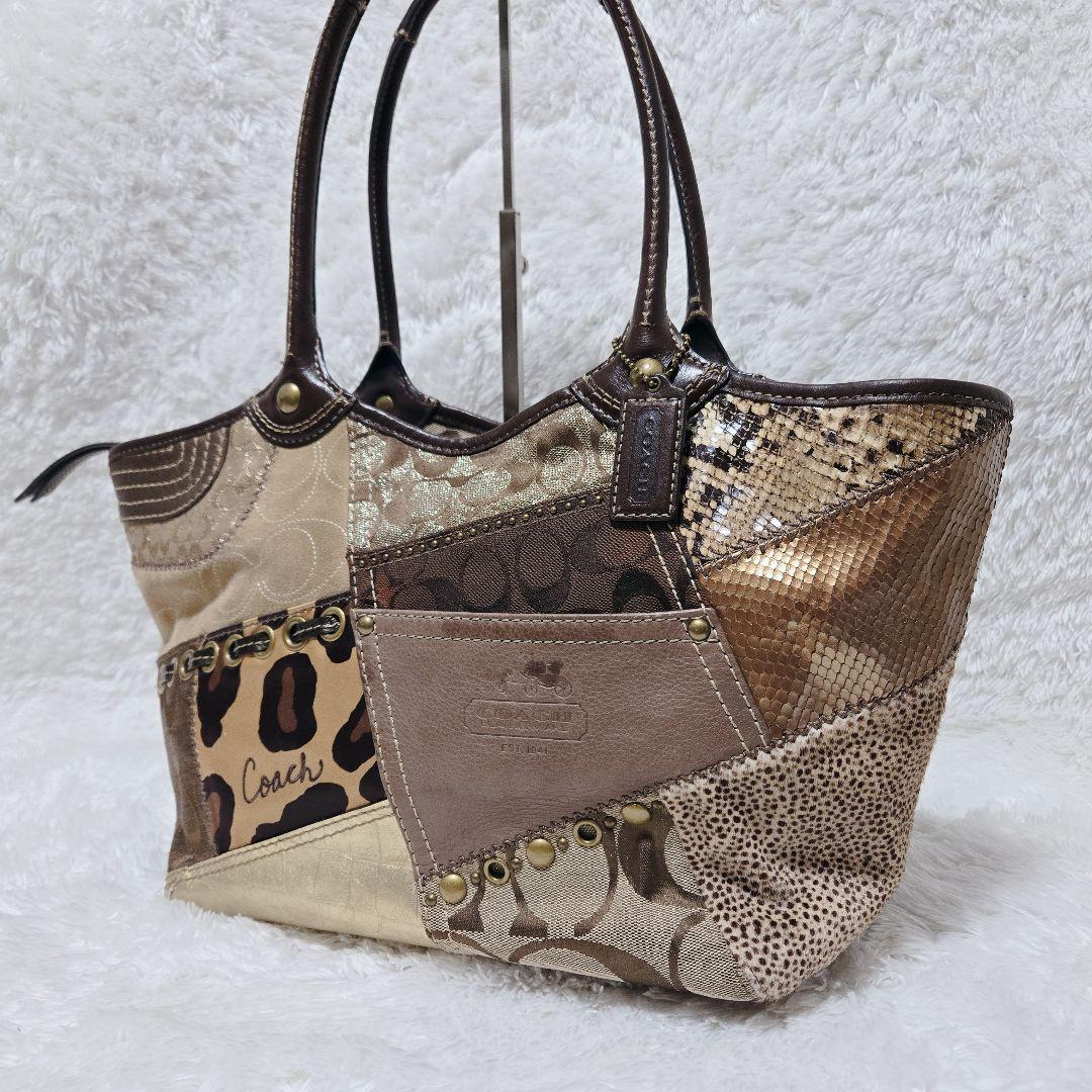 COACH パッチワーク トート ブリーカー 異素材 ブラウン 12899