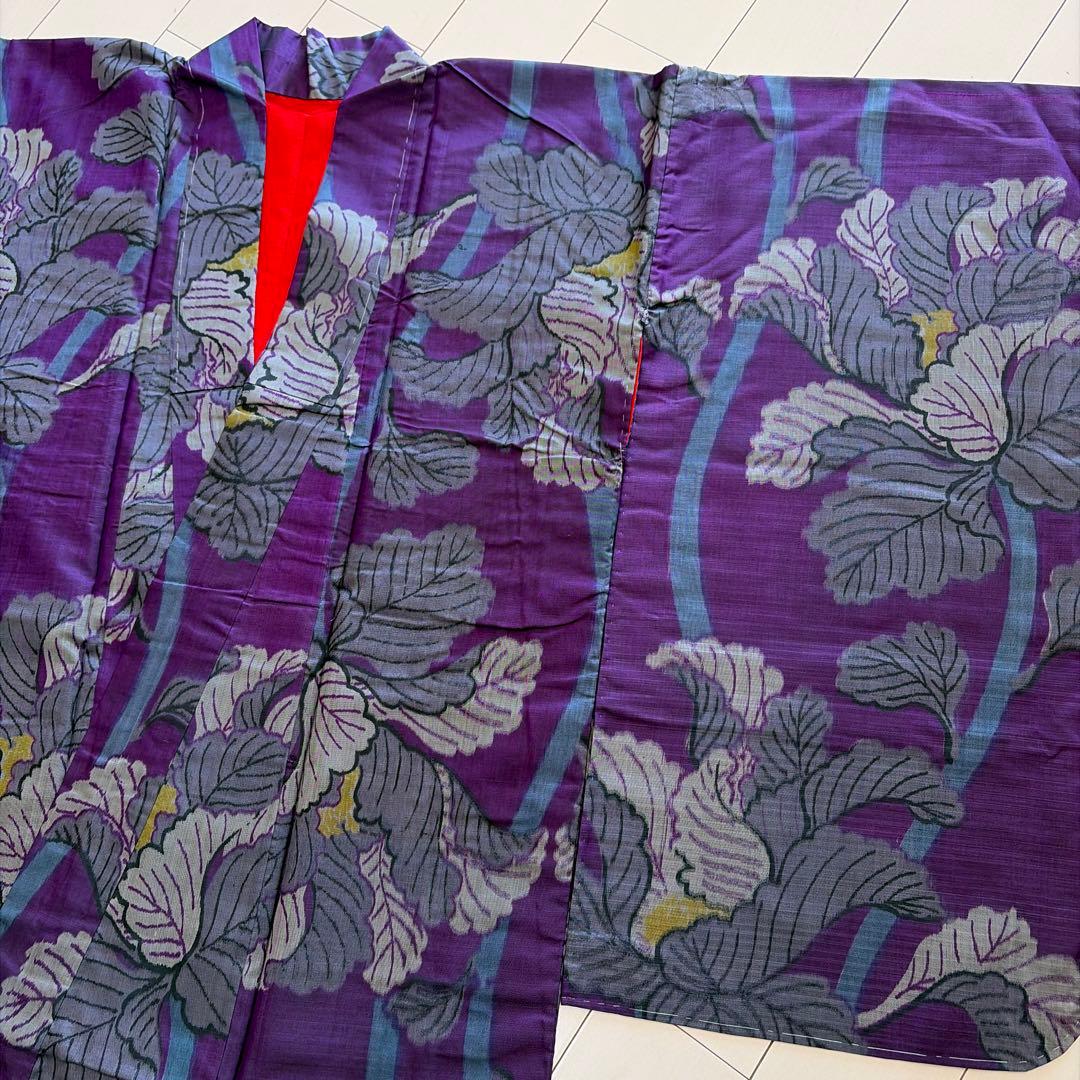 r*e様 ■E5840■アンティーク■正絹■葡萄色　花柄　銘仙　袷　着物■丈15