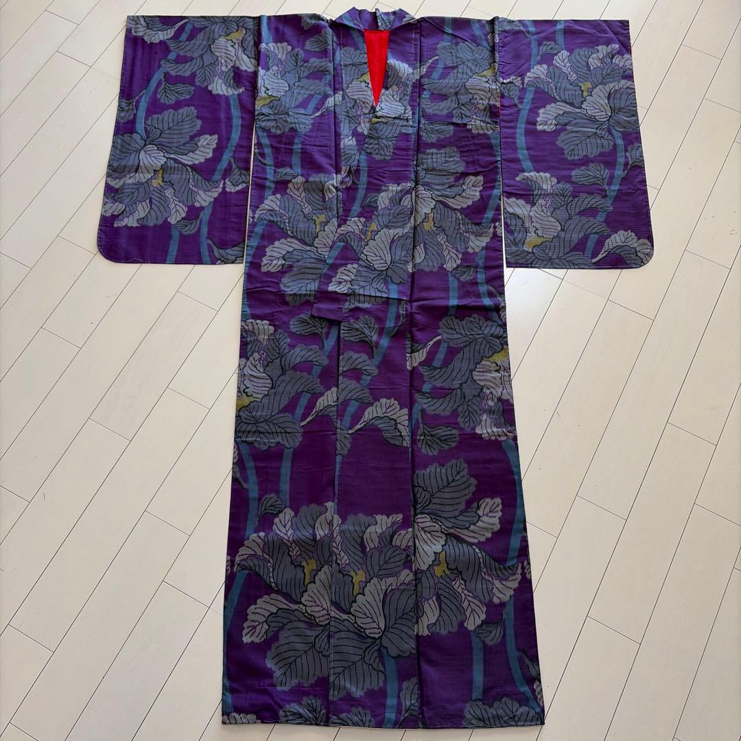 r*e様 ■E5840■アンティーク■正絹■葡萄色　花柄　銘仙　袷　着物■丈15