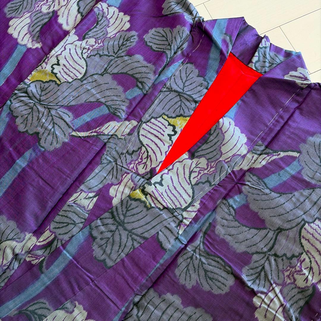 r*e様 ■E5840■アンティーク■正絹■葡萄色　花柄　銘仙　袷　着物■丈15