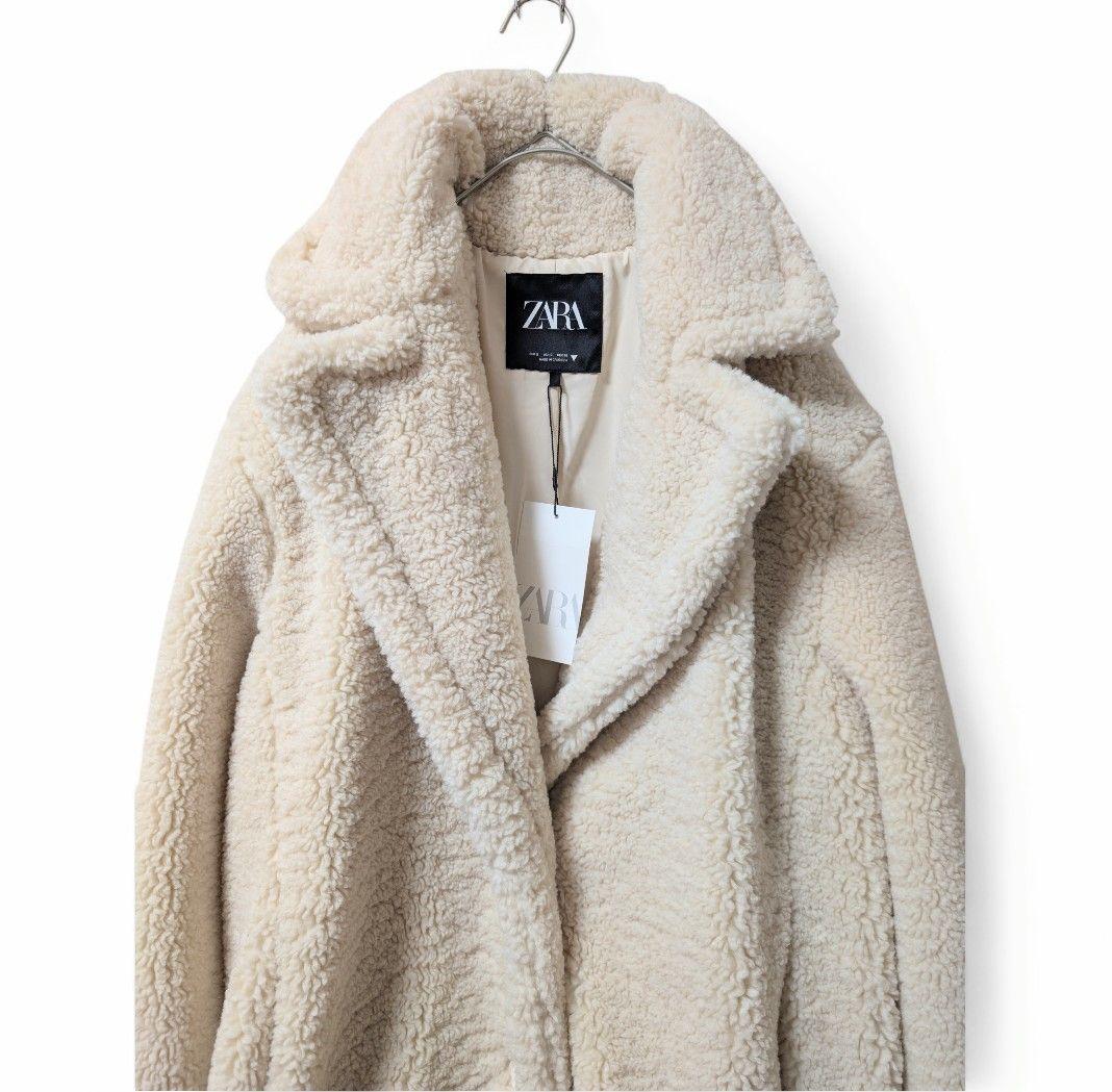 【新品未使用品タグ付き】ZARAアイボリー ボア ロングコート テディベアS