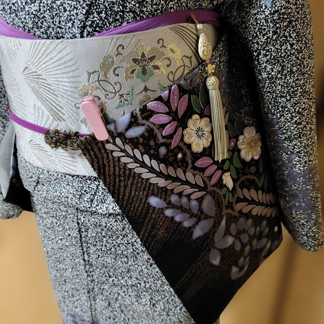 ポリエステル訪問着　洗える着物　黒地　たたき染め　辻が花模様　トールサイズ　袷