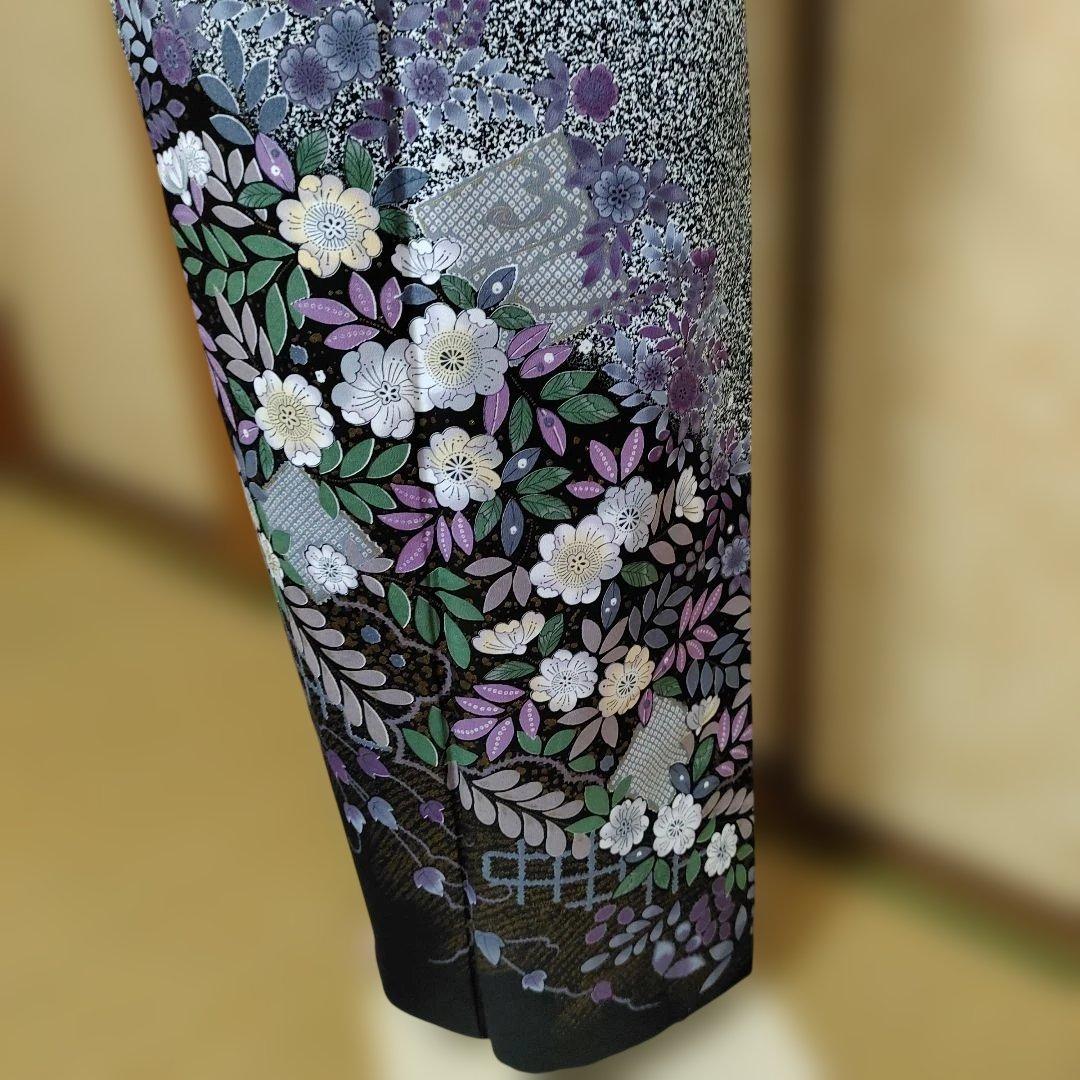 ポリエステル訪問着　洗える着物　黒地　たたき染め　辻が花模様　トールサイズ　袷