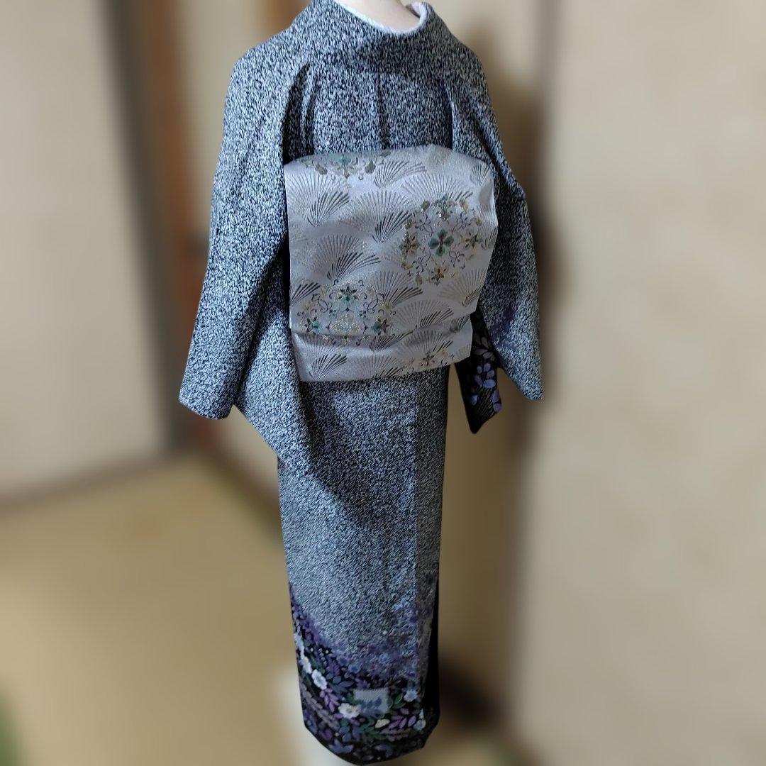 ポリエステル訪問着　洗える着物　黒地　たたき染め　辻が花模様　トールサイズ　袷