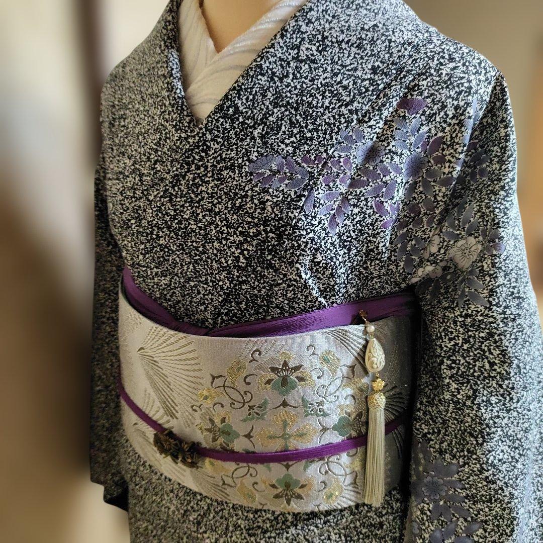 ポリエステル訪問着　洗える着物　黒地　たたき染め　辻が花模様　トールサイズ　袷