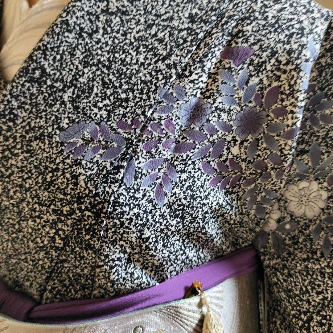 ポリエステル訪問着　洗える着物　黒地　たたき染め　辻が花模様　トールサイズ　袷