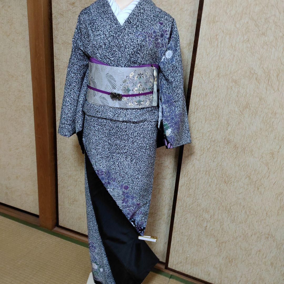 ポリエステル訪問着　洗える着物　黒地　たたき染め　辻が花模様　トールサイズ　袷