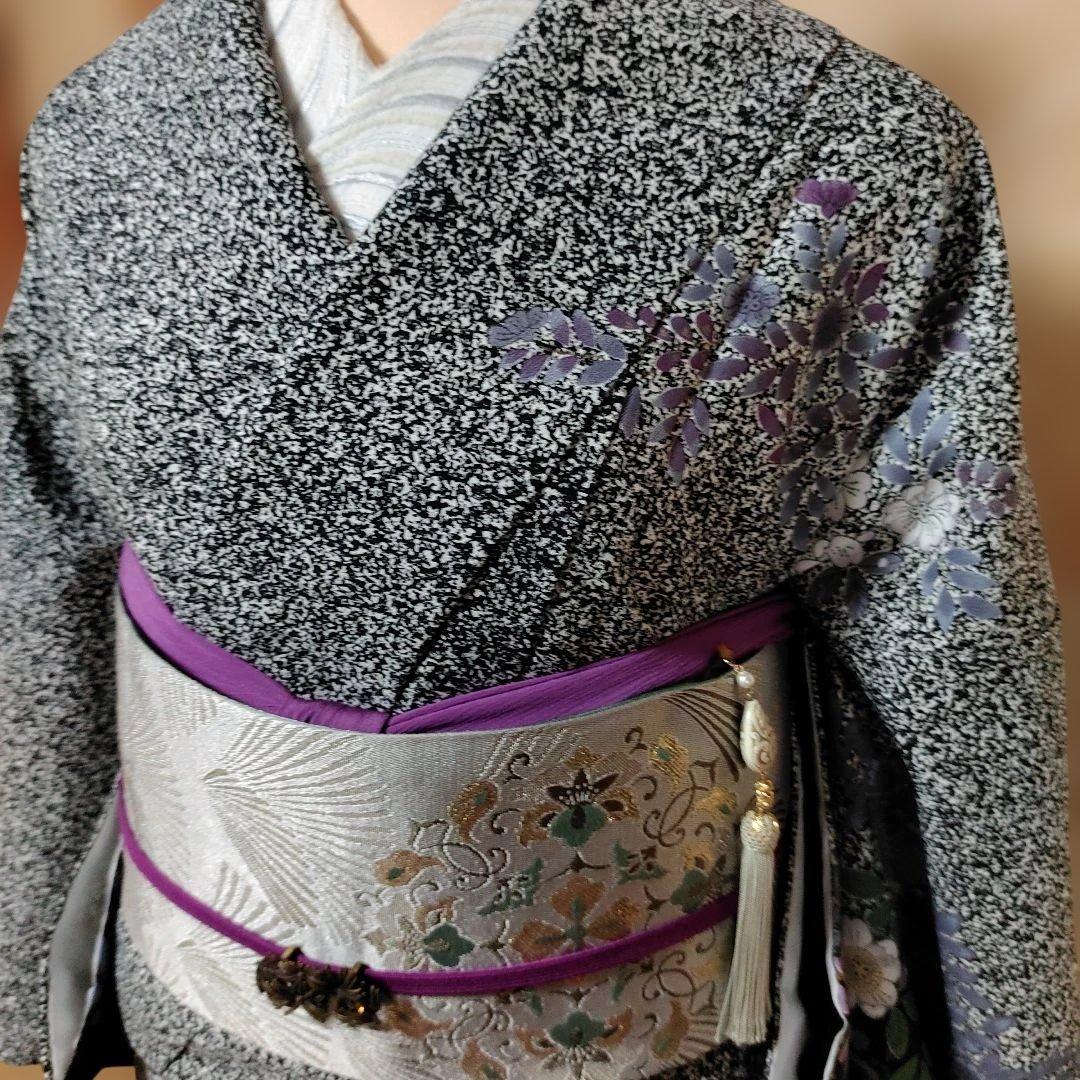 ポリエステル訪問着　洗える着物　黒地　たたき染め　辻が花模様　トールサイズ　袷