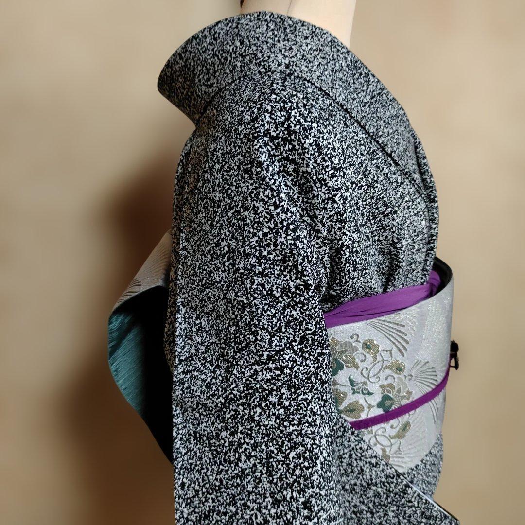 ポリエステル訪問着　洗える着物　黒地　たたき染め　辻が花模様　トールサイズ　袷