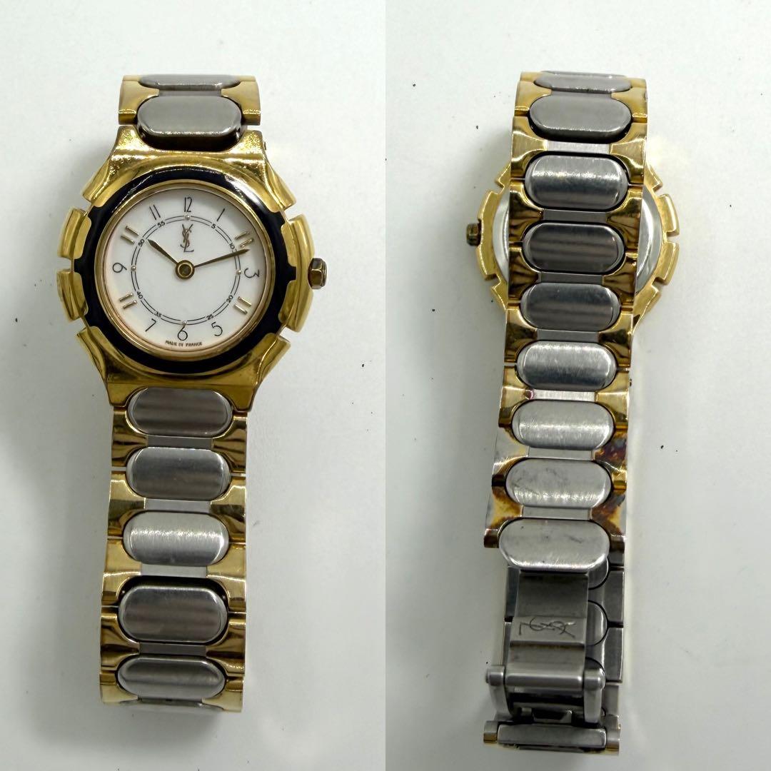 【稼働】 イヴサンローラン 腕時計 ゴールド コンビ 金針 レディース シルバー
