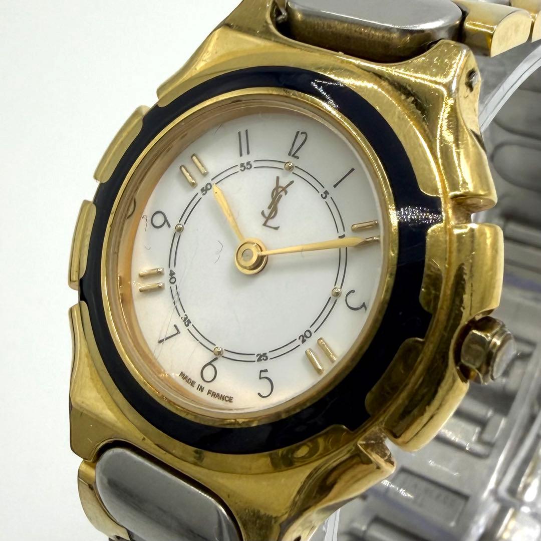 【稼働】 イヴサンローラン 腕時計 ゴールド コンビ 金針 レディース シルバー