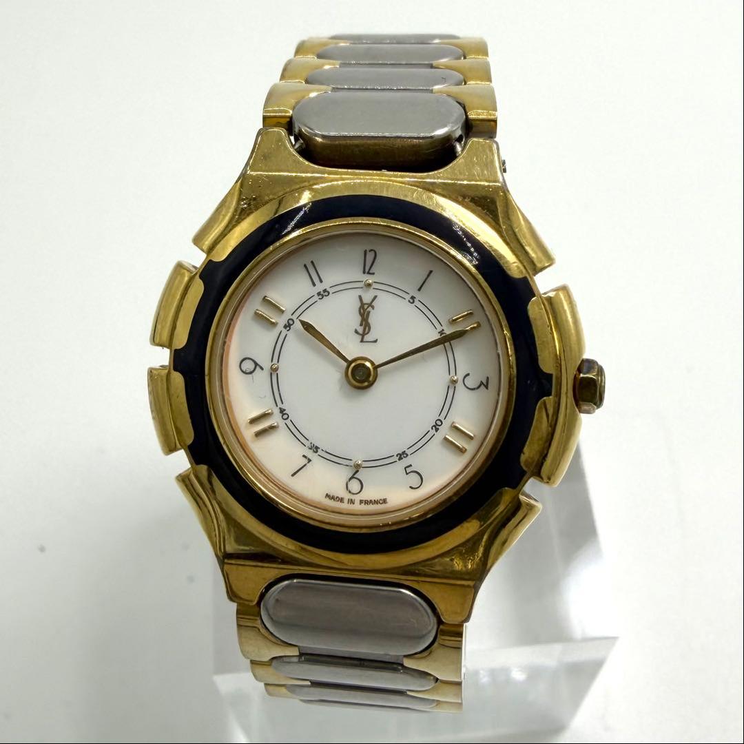 【稼働】 イヴサンローラン 腕時計 ゴールド コンビ 金針 レディース シルバー