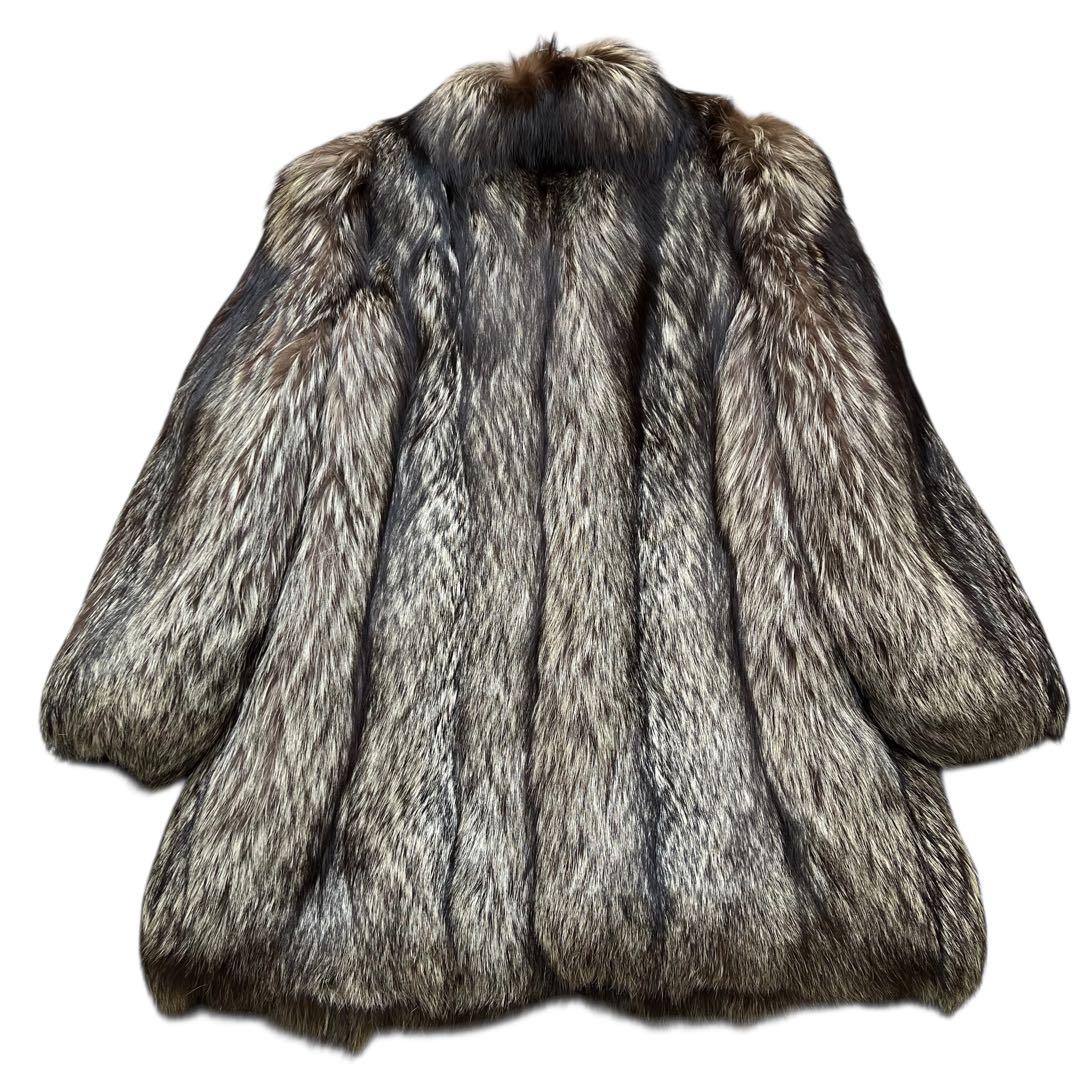 着丈80cm 肉厚◎ シルバーフォックス リアルファーコート 本毛皮 L相当