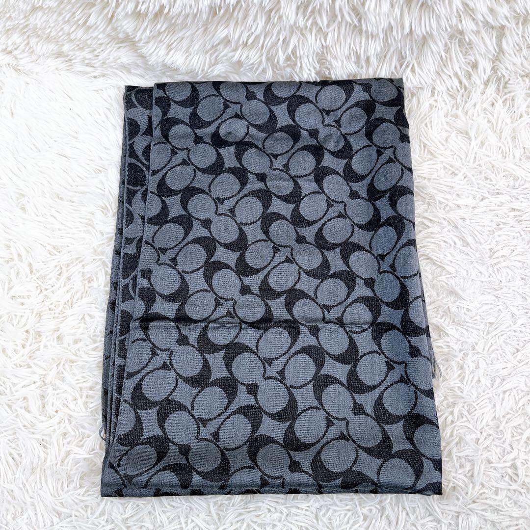 COACH コーチ シグネチャー マフラー ウール×カシミヤ フリンジ付 グレー