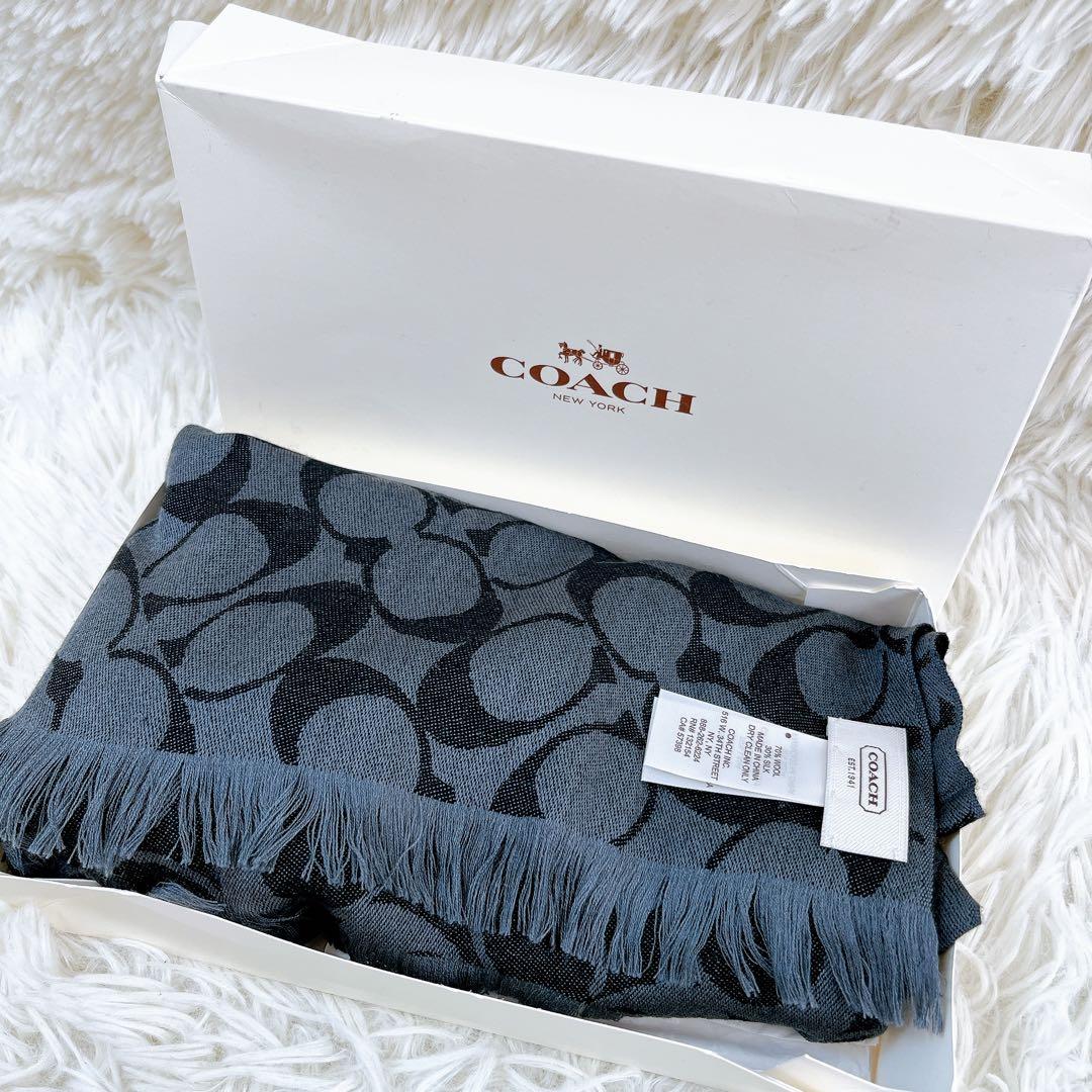 COACH コーチ シグネチャー マフラー ウール×カシミヤ フリンジ付 グレー