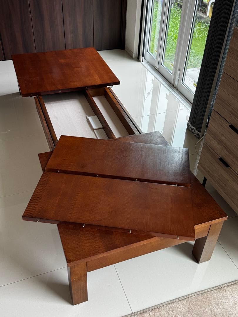 3段階伸縮　145・175・205cm木製ローテーブル　ダークブラウン