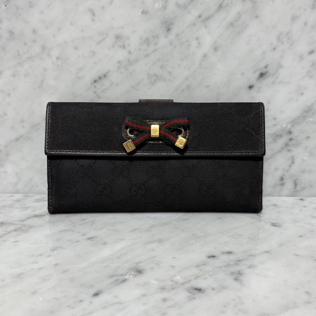 GUCCI グッチ 長財布 ブラック 黒 キャンバス リボン シェリー GG