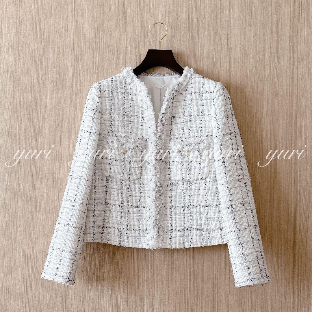 【1239】美品　アナイ　ミックスツィードノーカラージャケット　白　38