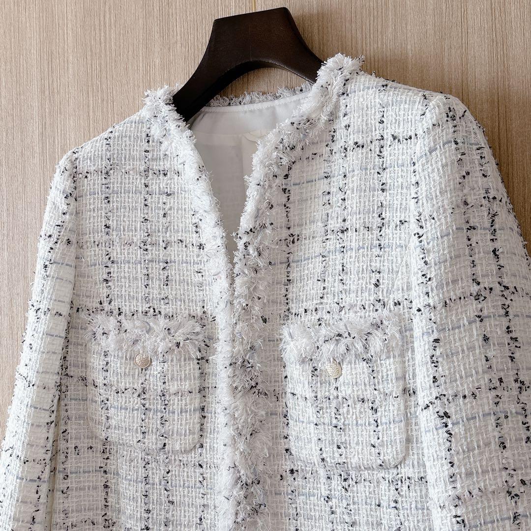 【1239】美品　アナイ　ミックスツィードノーカラージャケット　白　38