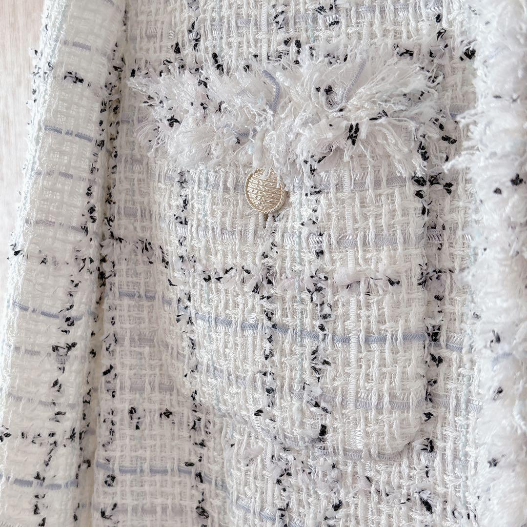 【1239】美品　アナイ　ミックスツィードノーカラージャケット　白　38