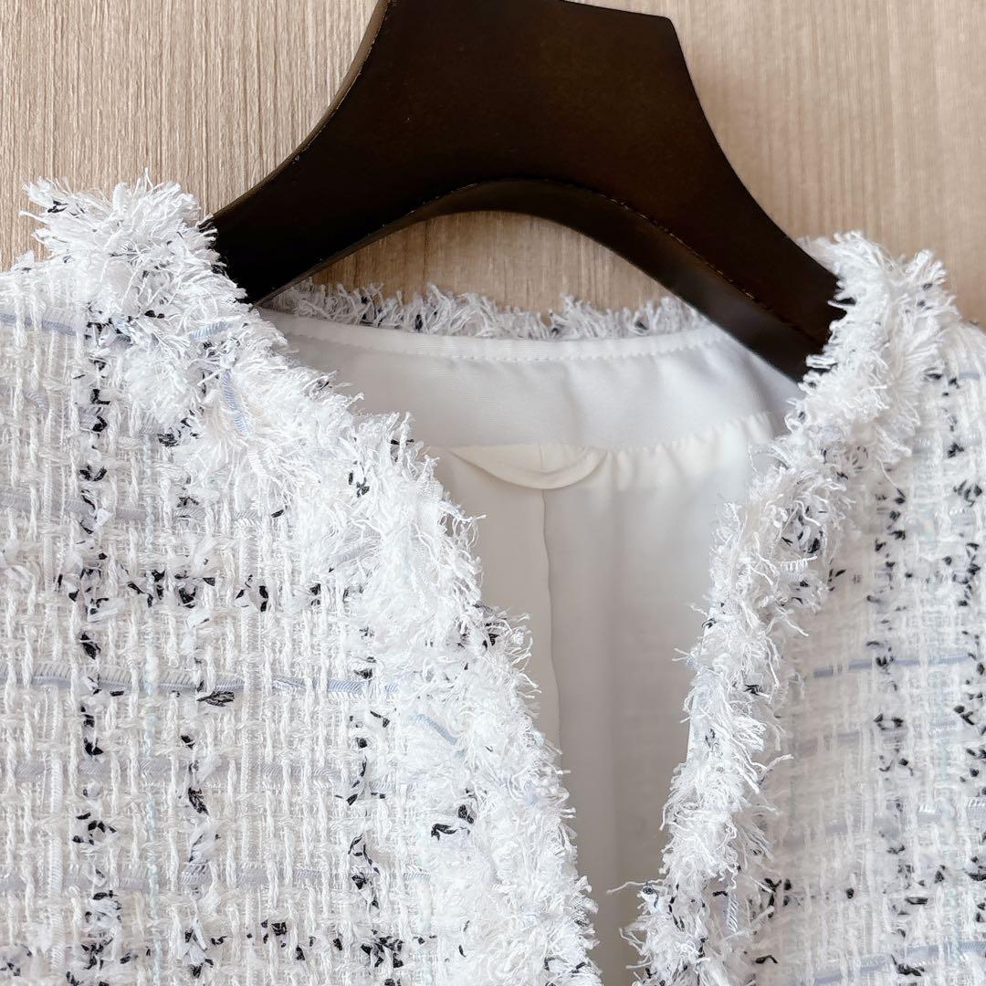 【1239】美品　アナイ　ミックスツィードノーカラージャケット　白　38