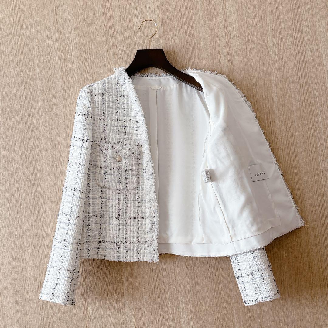 【1239】美品　アナイ　ミックスツィードノーカラージャケット　白　38