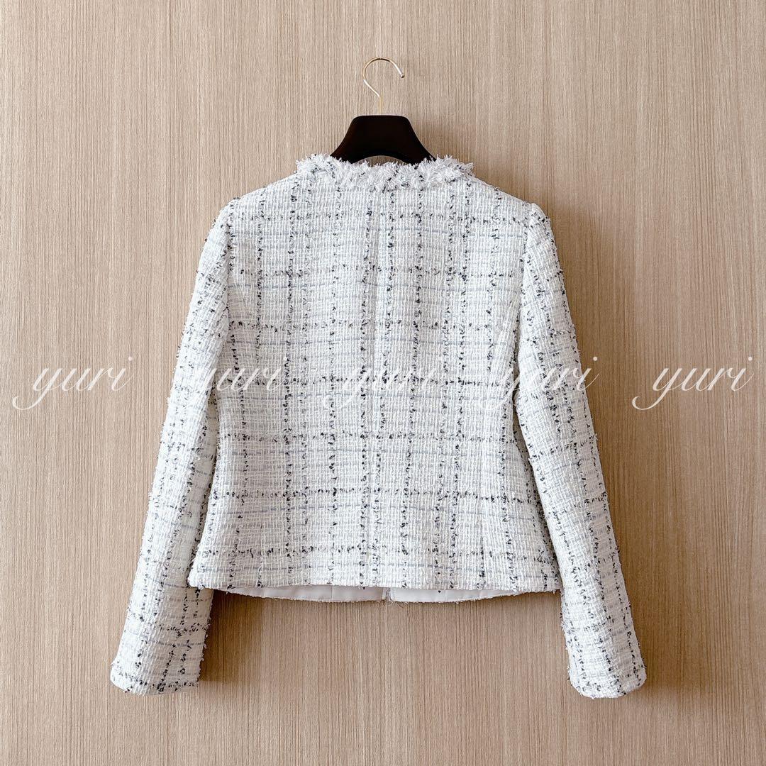 【1239】美品　アナイ　ミックスツィードノーカラージャケット　白　38