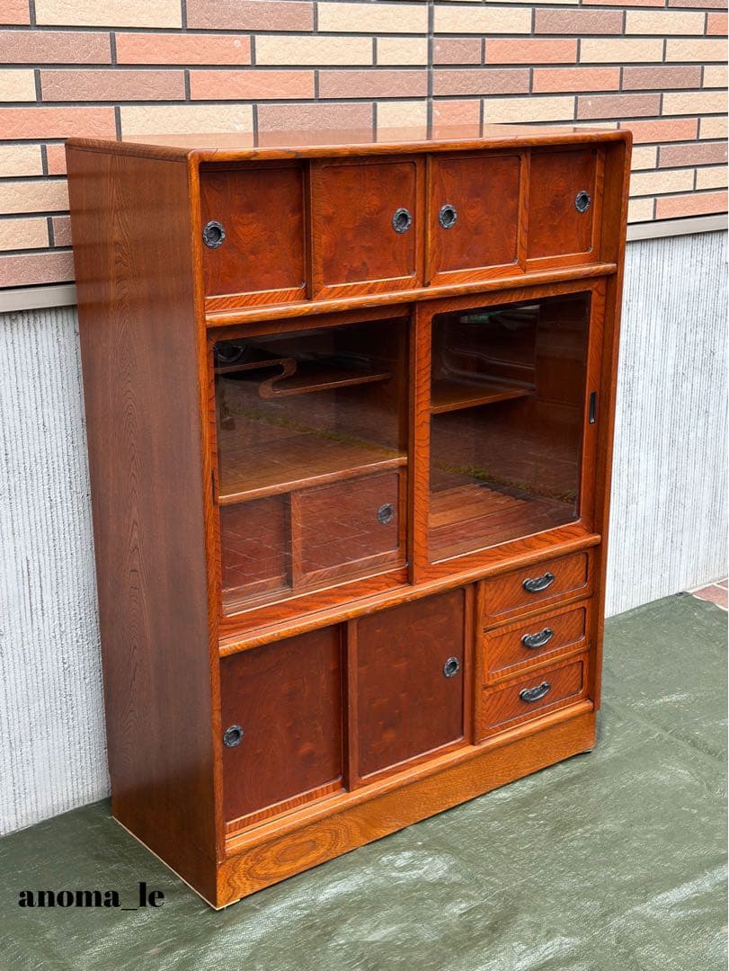 【茶箪笥】国産　木製　違い棚　引き戸　収納棚　水屋箪笥　和家具◎