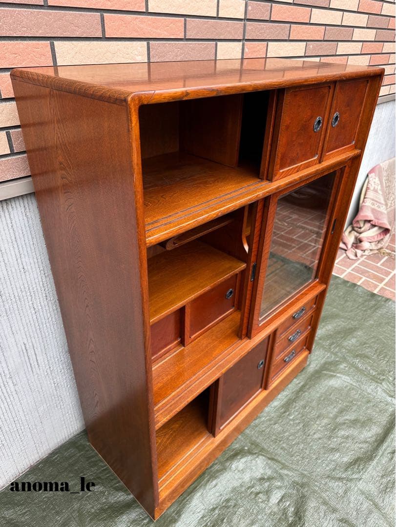 【茶箪笥】国産　木製　違い棚　引き戸　収納棚　水屋箪笥　和家具◎