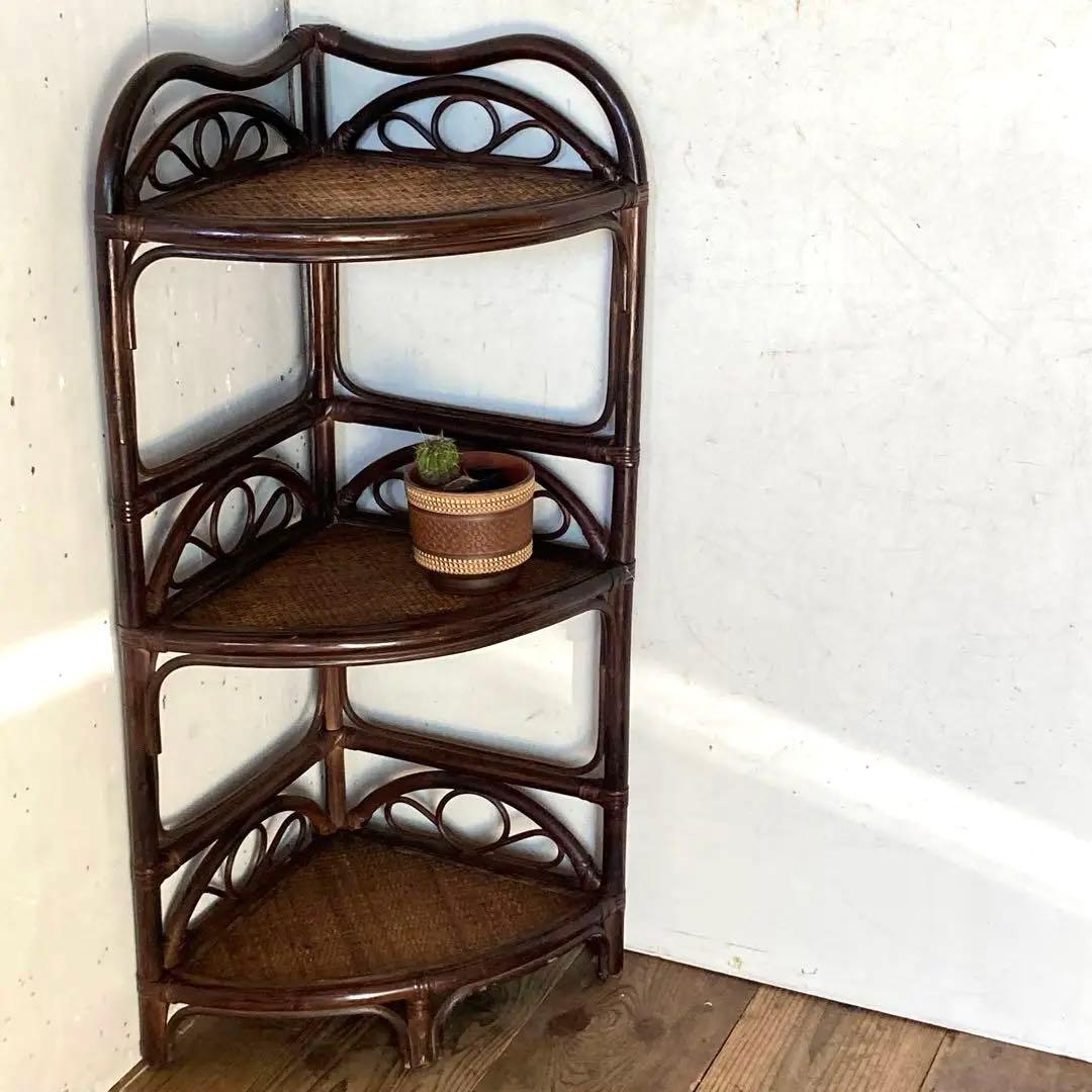 ヴィンテージ ラタン コーナーシェルフ 飾り棚 家具 古道具