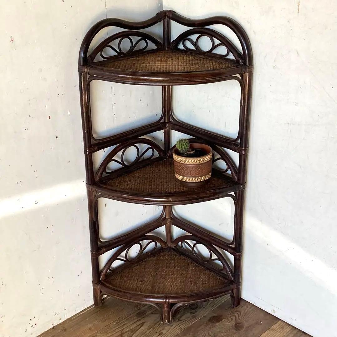 ヴィンテージ ラタン コーナーシェルフ 飾り棚 家具 古道具