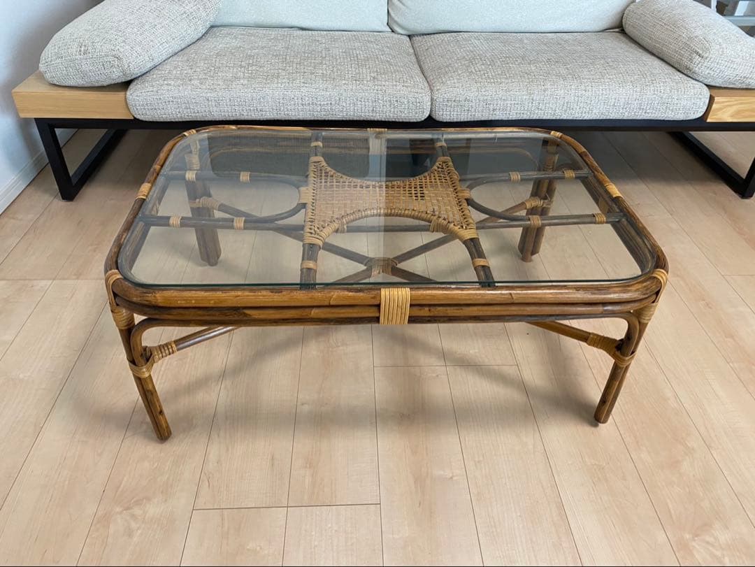 ガラス天板 ラタン製センターテーブル