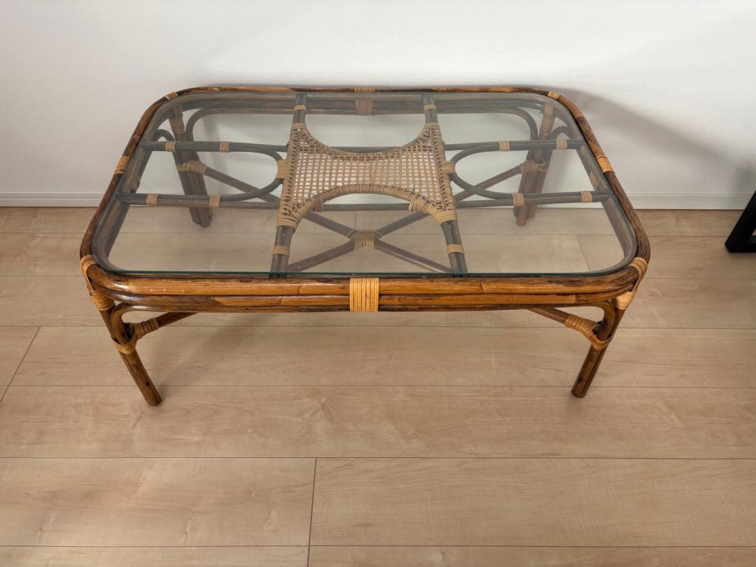 ガラス天板 ラタン製センターテーブル