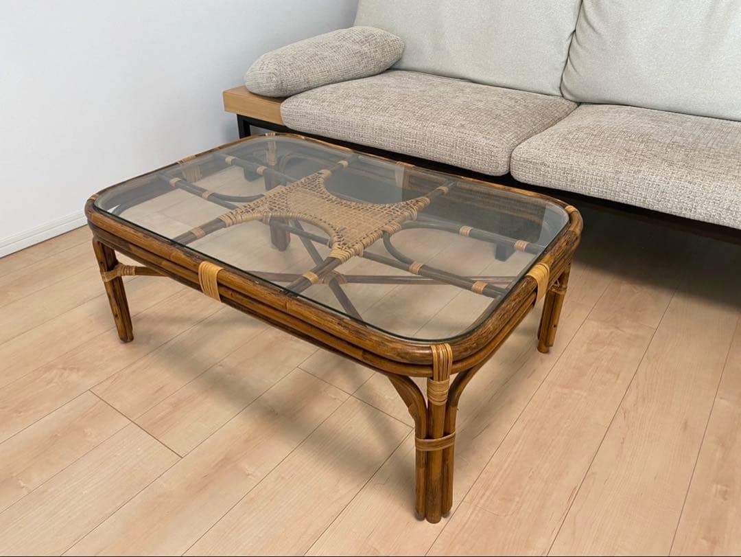 ガラス天板 ラタン製センターテーブル